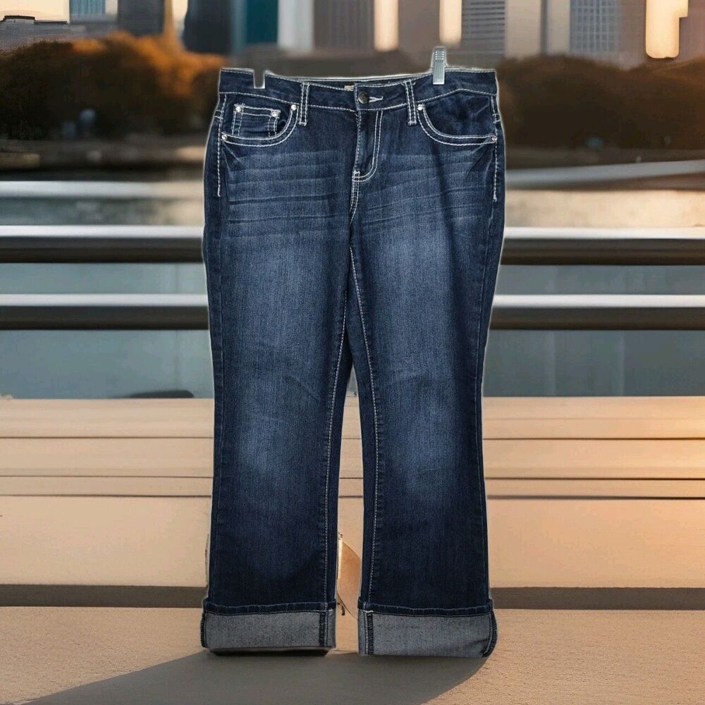 Earl Jeans‎ women's jeans size 4P, petite, cuffed ankle, embellished, dark blue